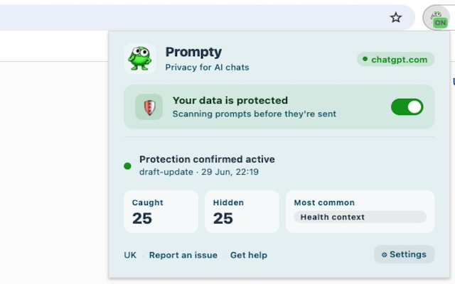 Prompty popup showing active protection status