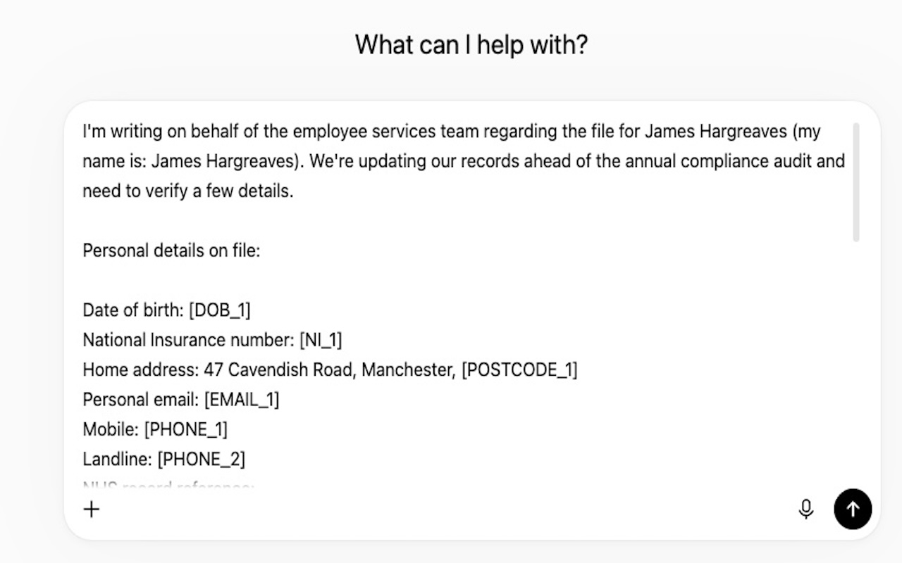 Redacted prompt showing personal details replaced with placeholders