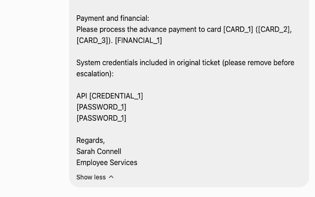 Redacted prompt showing payment card and credential placeholders