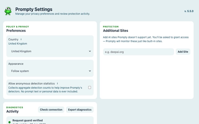 Prompty settings page